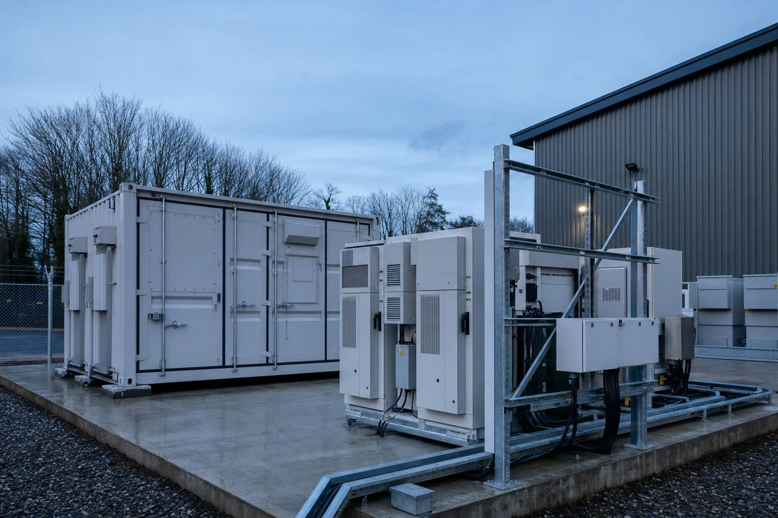 Industrial battery storage containers and inverter cabinets on a concrete pad beside a UK warehouse at dawn