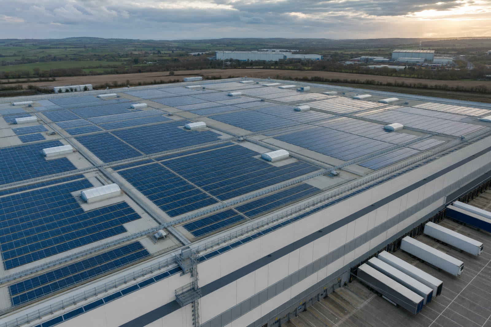 Aerial view of a large UK distribution warehouse roof covered in solar panels, with HGV trailers on the loading yard below